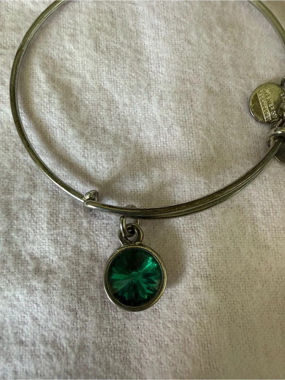 Alex and Ani Silver Bangle with Green Crystal Charm